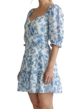 TRIXXI New Blue White Floral Mini Dress Puff Sleeves Flowy Chiffon Smock Medium